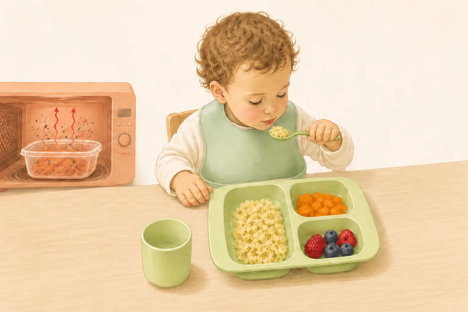 Illustration d’un jeune enfant mangeant dans une assiette compartimentée Étel, à côté d’un récipient en plastique chauffé au micro-ondes.
